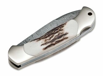Böker Junior Scout Spearpoint Stag vreckový nôž 7 cm, damašek, paroh
