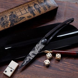 Deejo zatvárací nôž Black tattoo ebony wood Japanese Dragon