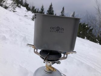 Origin Outdoors Camping Pot Set Titánová súprava hrncov s indikátorom hladiny a závesom z nehrdzavejúcej ocele 750 ml + 400 ml