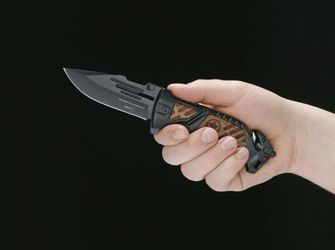 Böker Plus AK-14 taktický nôž 9,3 cm, čierna, hliník, drevo, puzdro nylon