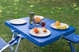 Skladací kempingový stôl s lavičkami, modrý