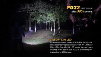 LED baterka Fenix PD32 XP-L 900lumen svietivosť v tme 