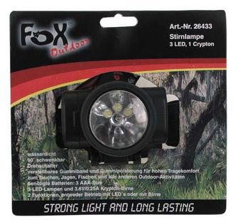 skladacia vodeodolná čelovka Fox 3x LED 1x krypton čierna žiarovka v balení