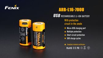 Fenix USB nabíjacia batéria RCR123A 700 mAh, Li-Ion