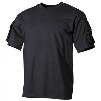 MFH US čierne tričko s velcro vreckami na rukávoch, 170g/m2