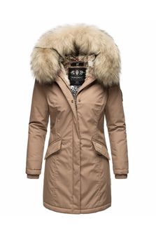Navahoo Cristal dámska zimná bunda s kapucňou a kožušinou, taupe grey
